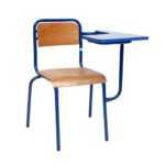 Chaise Scolaire Écritoire Fixe – Assise Bois & Structure Métallique Bleue avec Tablette Latérale