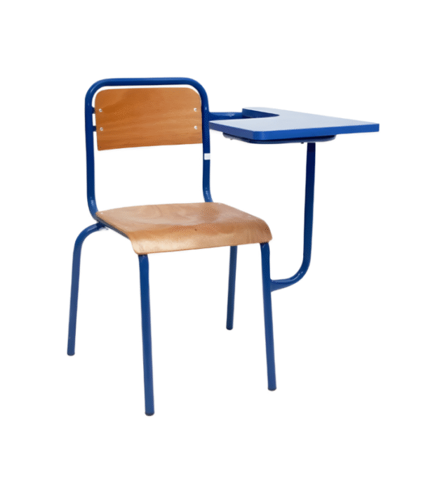 Chaise Scolaire Écritoire Fixe – Assise Bois & Structure Métallique Bleue avec Tablette Latérale
