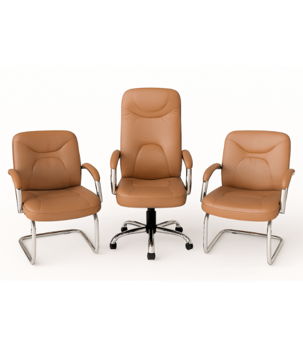 Ensemble Fauteuil Direction & Chaises Visiteurs BrownLux – Cuir Élégant & Harmonie Chromée