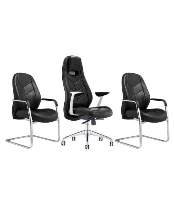 Ensemble fauteuil direction & chaises visiteurs en simili cuir noir – Design géométrique & confort professionnel