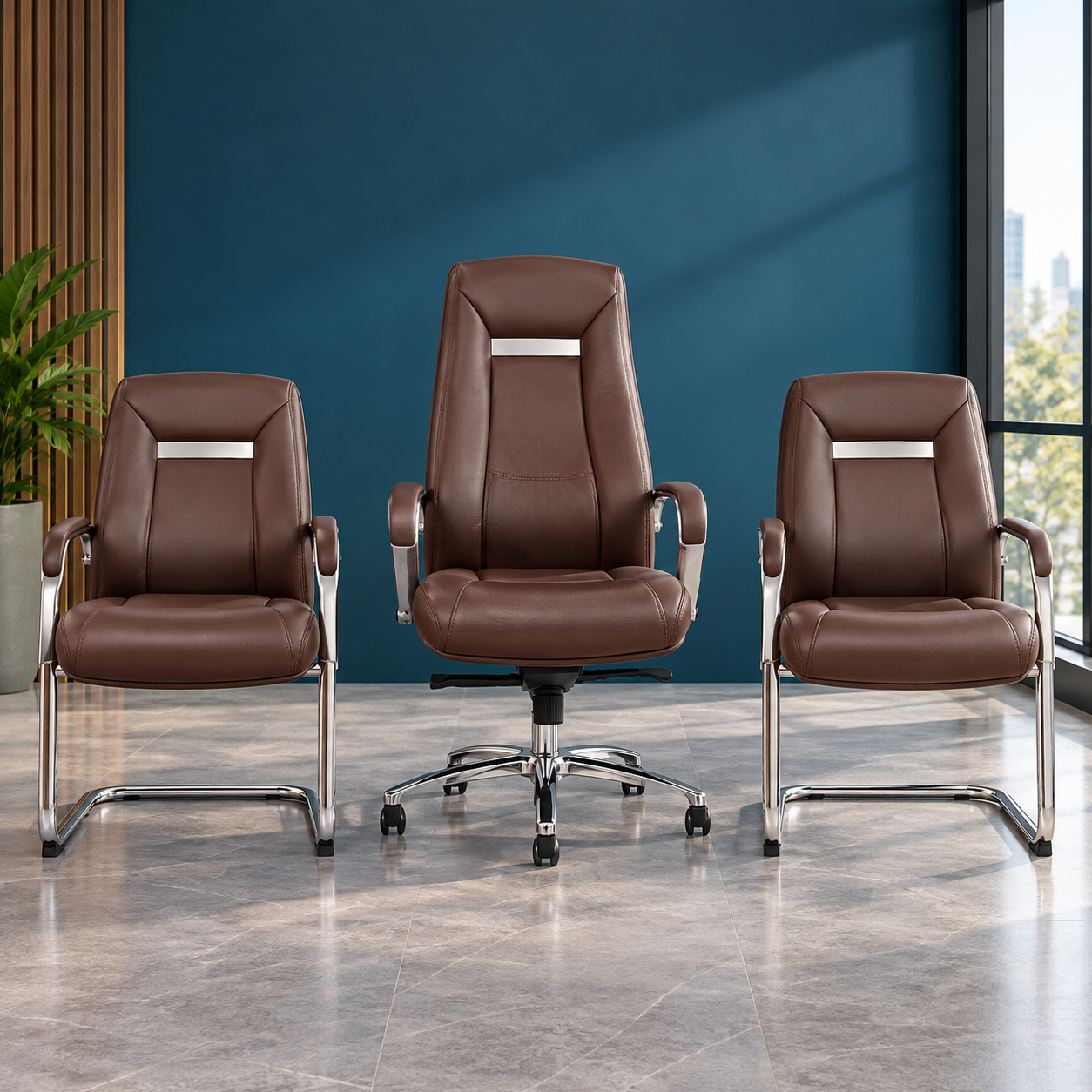 Ensemble de fauteuils de bureau en cuir brun Ensemble fauteuil direction & chaises visiteurs – Image 1