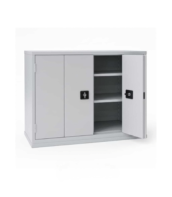 Armoire basse en métal avec portes pliantes et serrure – 2 étagères ajustables – Dimensions : 1000 x 1200 x 450 mm – Finition gris clair