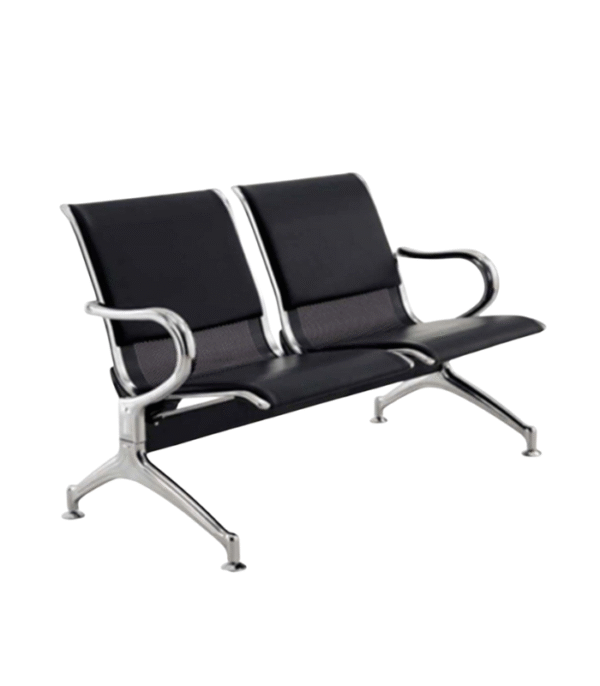 Banquette 2 Places – Cuir Noir & Dossier Aéré, Structure Métallique Argentée