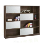 Bibliothèque graphique bois foncé et blanc – Rangement design pour bureau ou salon