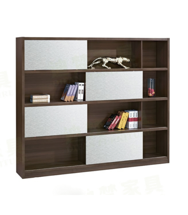 Bibliothèque graphique bois foncé et blanc – Rangement design pour bureau ou salon