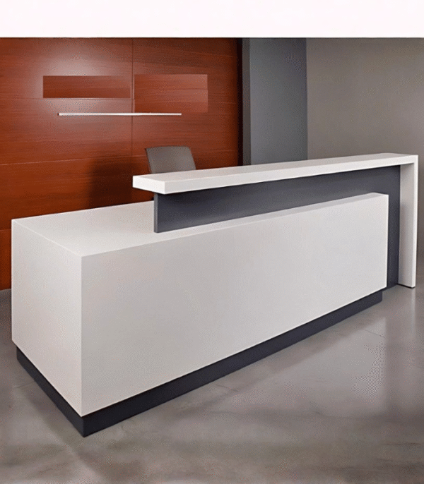 Comptoir d’accueil blanc & bois clair – design à deux niveaux avec façade en retrait