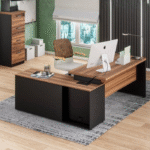 Bureau direction L bois brun & noir – avec retour et rangements