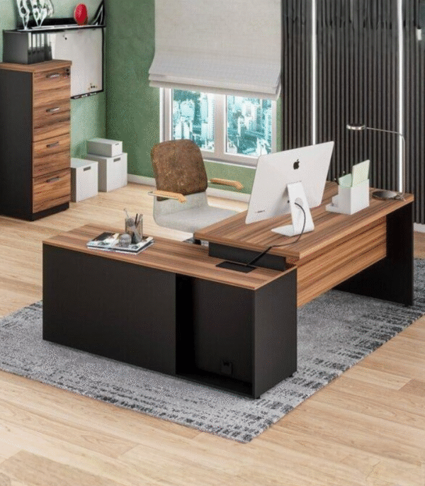 Bureau direction L bois brun & noir – avec retour et rangements