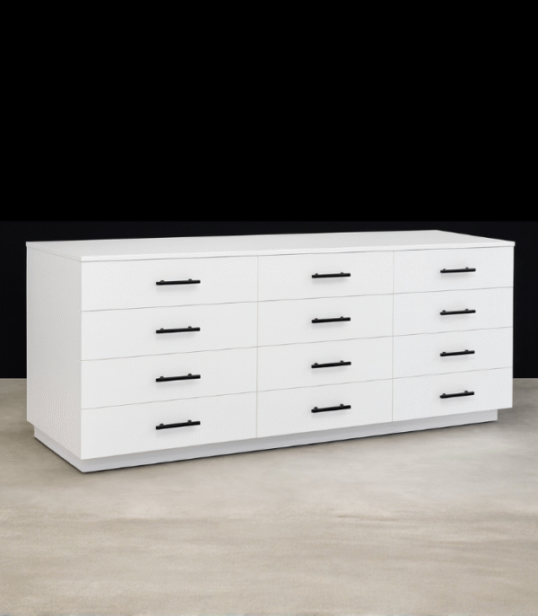 Commode blanche 12 tiroirs en bois MDF – Design moderne avec poignées horizontales noires