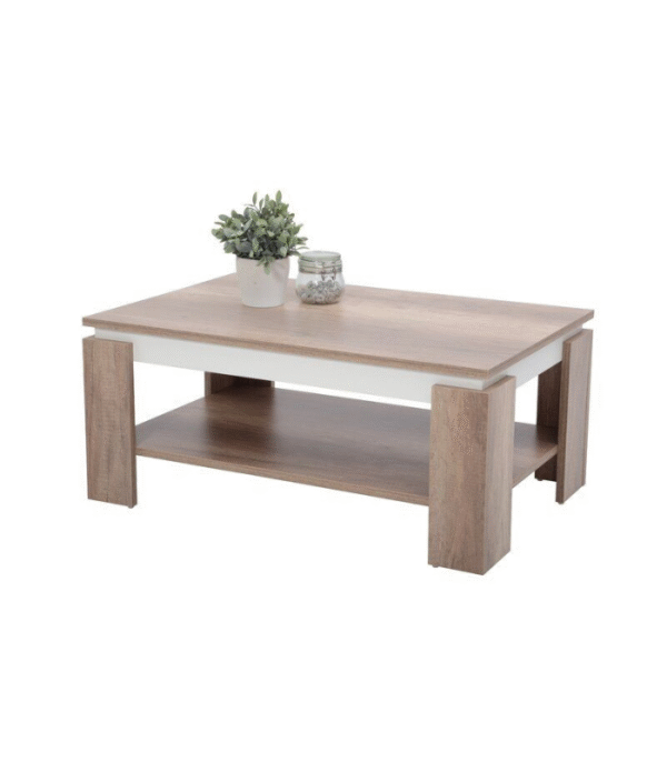Table basse bois naturel – Élégance fonctionnelle avec étagère et déco intégrée