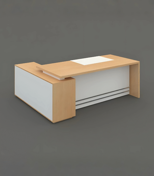 Bureau direction L bois clair & blanc – design structuré