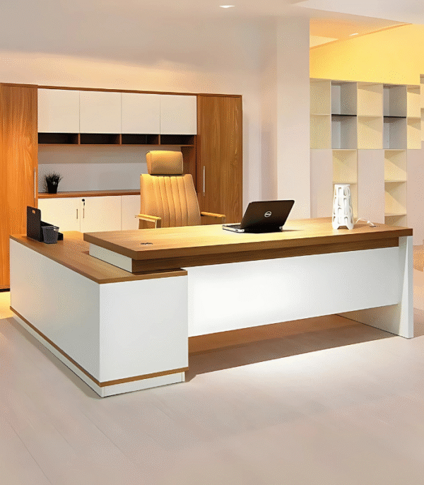 Bureau direction bois clair & blanc – avec rangement assorti