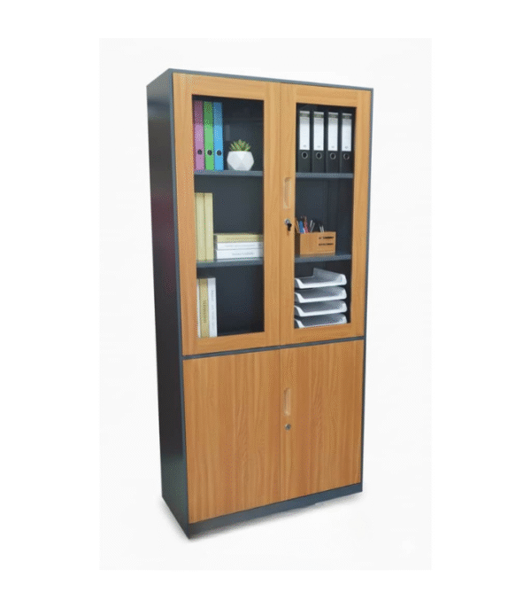 Armoire Bibliothèque Métal & Bois avec Portes Vitrées – 90 x 185 x 40 cm