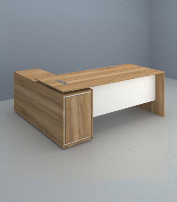 Bureau direction L bois clair & blanc – design structuré