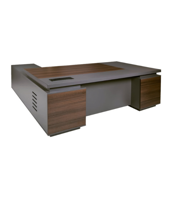 Bureau direction bois foncé & gris – avec rangements intégrés