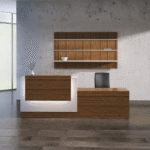 Comptoir d’accueil bois avec cadre lumineux blanc – design épuré et contemporain
