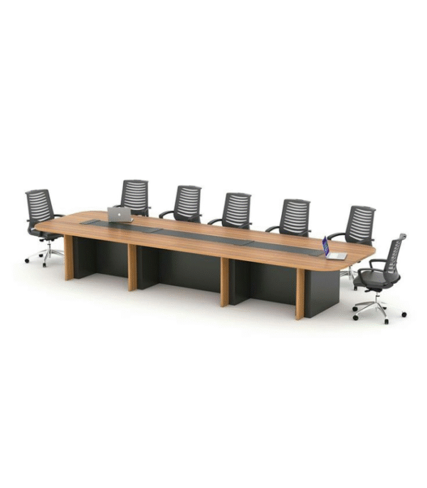 Table de réunion bois clair & base noire – Fonctionnalité moderne pour bureaux professionnels