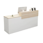 Comptoir d’accueil blanc & bois clair – design à deux niveaux avec retour latéral