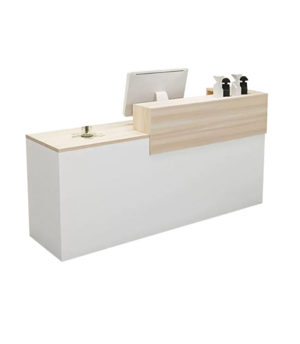 Comptoir d’accueil blanc & bois clair – design à deux niveaux avec retour latéral