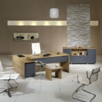 Bureau direction L bois foncé & gris – avec mobilier complet