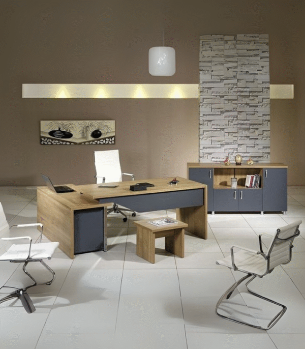 Bureau direction L bois foncé & gris – avec mobilier complet