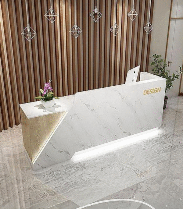 Comptoir d’accueil marbre blanc & bois