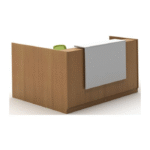 Comptoir d’accueil bois avec panneau blanc – design fermé et fonctionnel