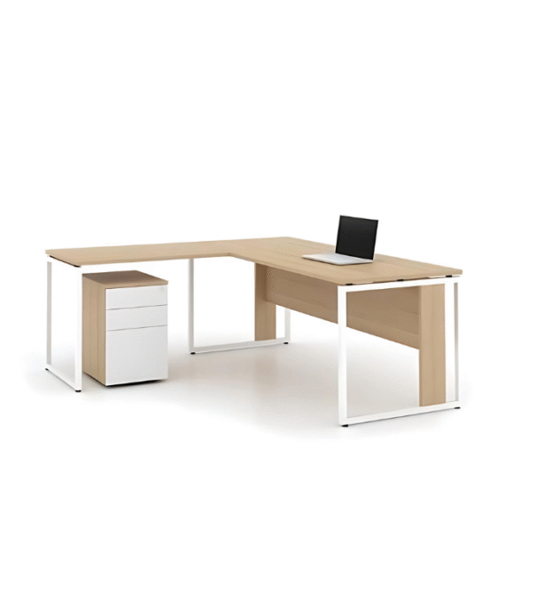Bureau d’Angle WorkSpace L-Shape – Plateau Bois Clair & Structure Blanche avec Caisson 3 Tiroirs