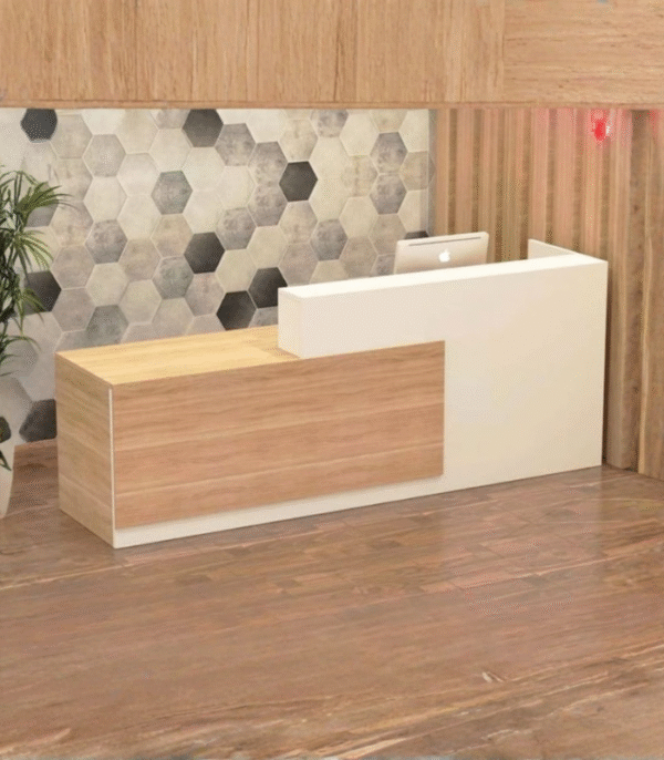 Comptoir d’accueil bois clair & blanc – design moderne et chaleureux
