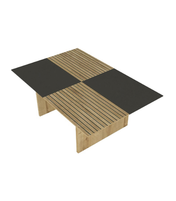 Table basse rectangulaire bois & panneaux noirs – Design ajouré