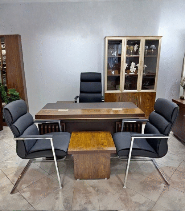 Ensemble Bureau Direction – Bois Contrasté & Cuir Noir Structuré