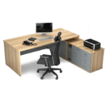 Bureau d’angle professionnel – bois clair avec rangements