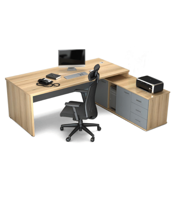 Bureau d’angle professionnel – bois clair avec rangements