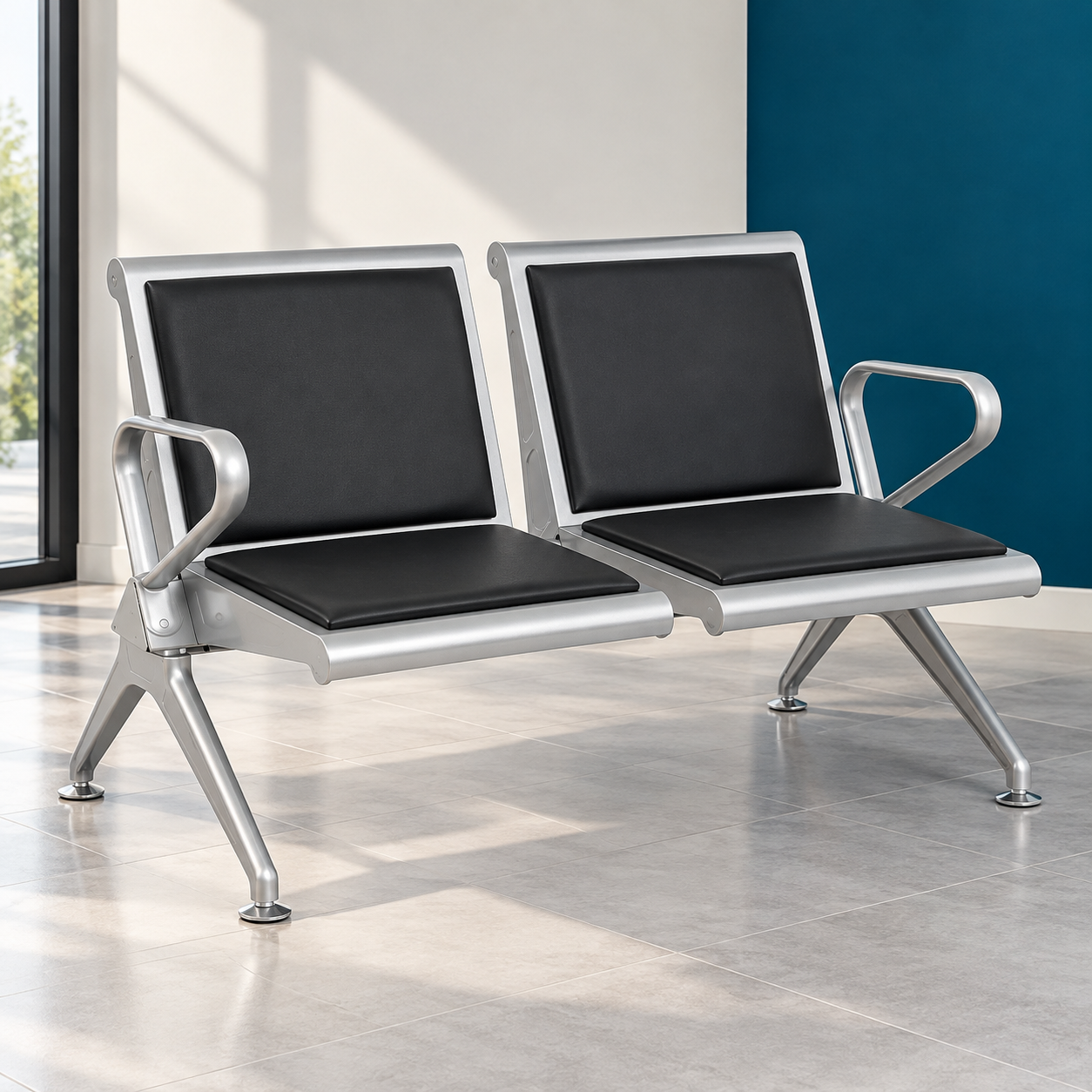Banc d’attente moderne en métal et cuir Banquette 2 Places – Cuir Noir & Structure Métallique Argentée – Image 1