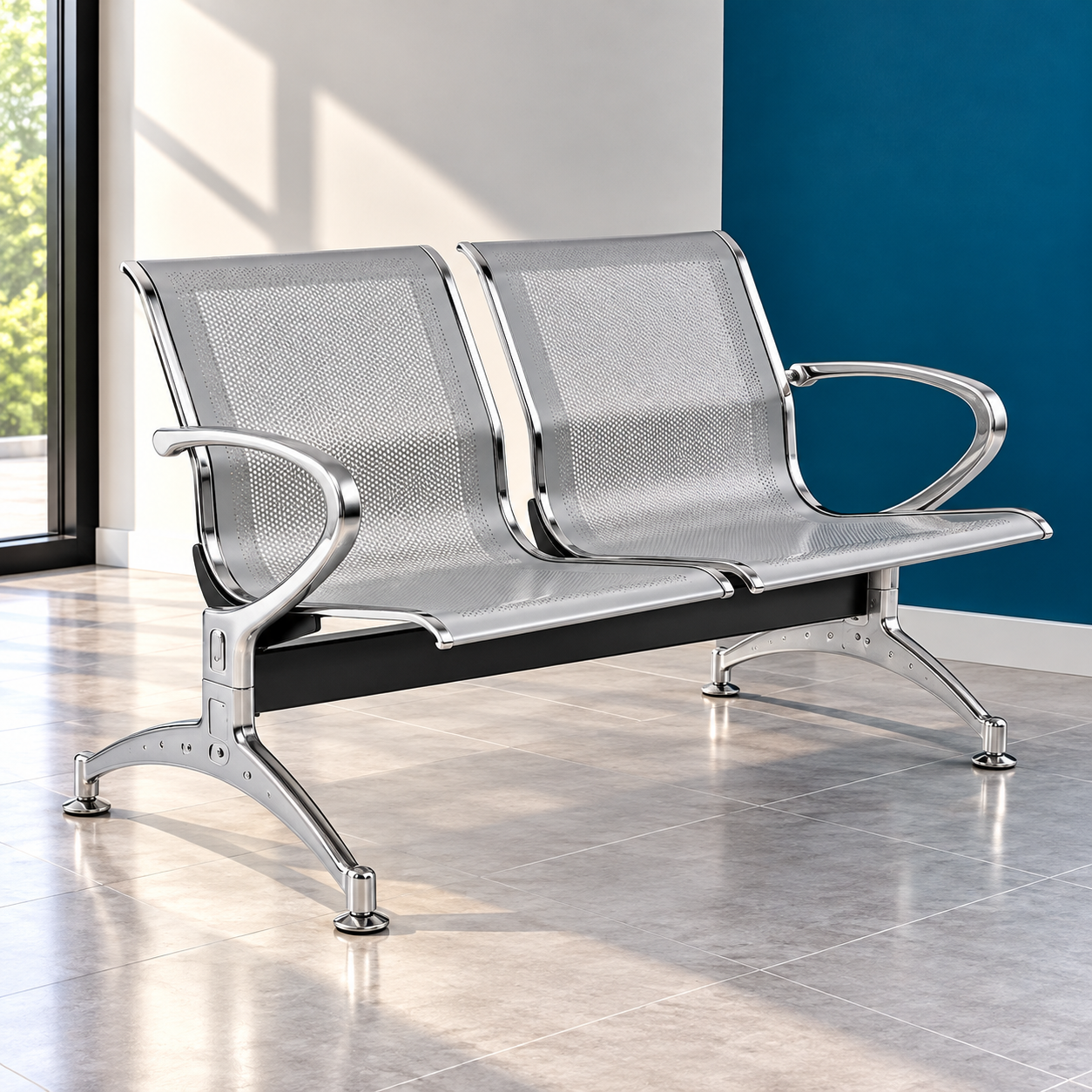Banquette d’attente métallique moderne Banquette Métallique 2 Places – Ventilation & Structure Argentée – Image 1