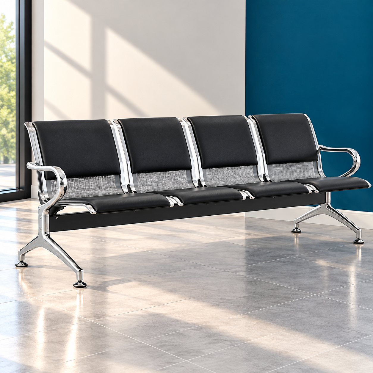Banquette d’attente moderne en chrome et cuir noir Banquette 4 Places – Cuir Noir & Cadre Métallique Argenté avec Séparateurs – Image 1