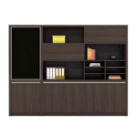 Armoire de bureau multifonction en bois foncé – Design moderne et rangements intégrés