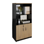 Meuble de rangement bois & noir – avec étagère ouverte et placard bas