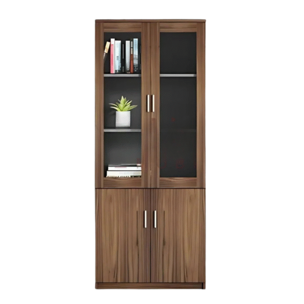 Bibliothèque Haute WoodGlass – Portes Vitrées & Rangements Fermés en Bois Moderne