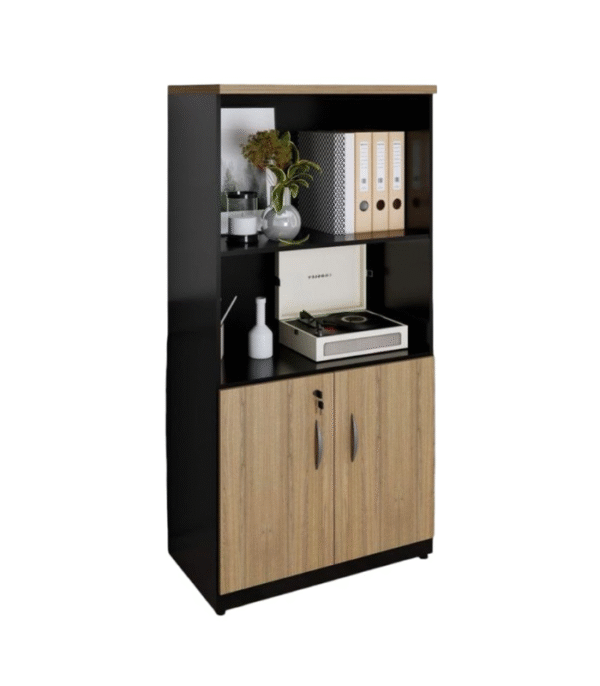 Meuble de rangement bois & noir – avec étagère ouverte et placard bas