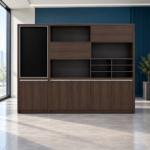 Armoire de bureau multifonction en bois foncé – Design moderne et rangements intégrés