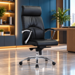 Fauteuil de bureau en cuir noir – ergonomique, base chromée, hauteur réglable