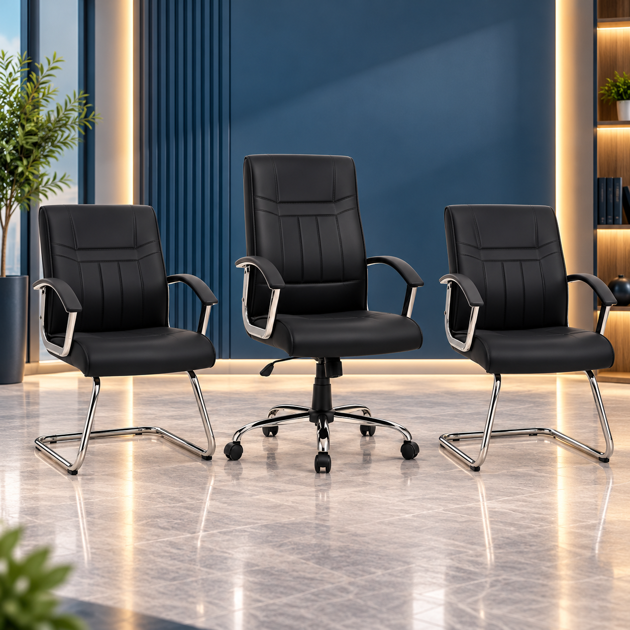 Fauteuils de bureau élégants dans un showroom moderne Pack Bureau 3 Places – Élégance Fonctionnelle pour Espaces Professionnels – Image 1