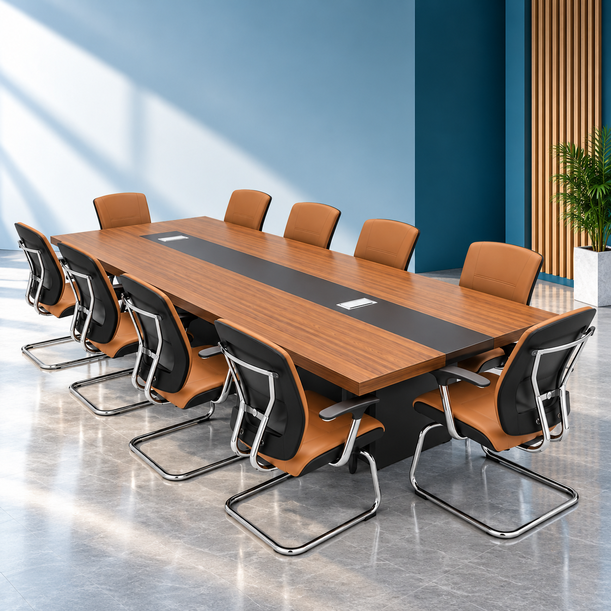 Salle de réunion moderne en bois et cuir Table de réunion bois & insert noir – Image 1