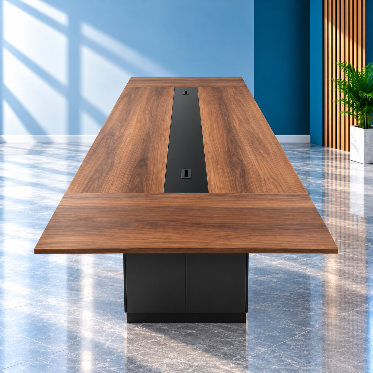 Table de conférence en noyer, bureau moderne lumineux Table de réunion rectangulaire avec gestion câbles – Image 1