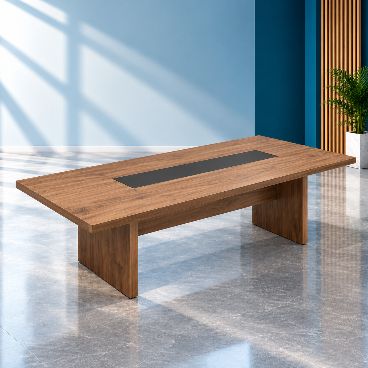 Table de réunion en noyer dans un bureau moderne Table de réunion bois foncé & insert noir – Image 1