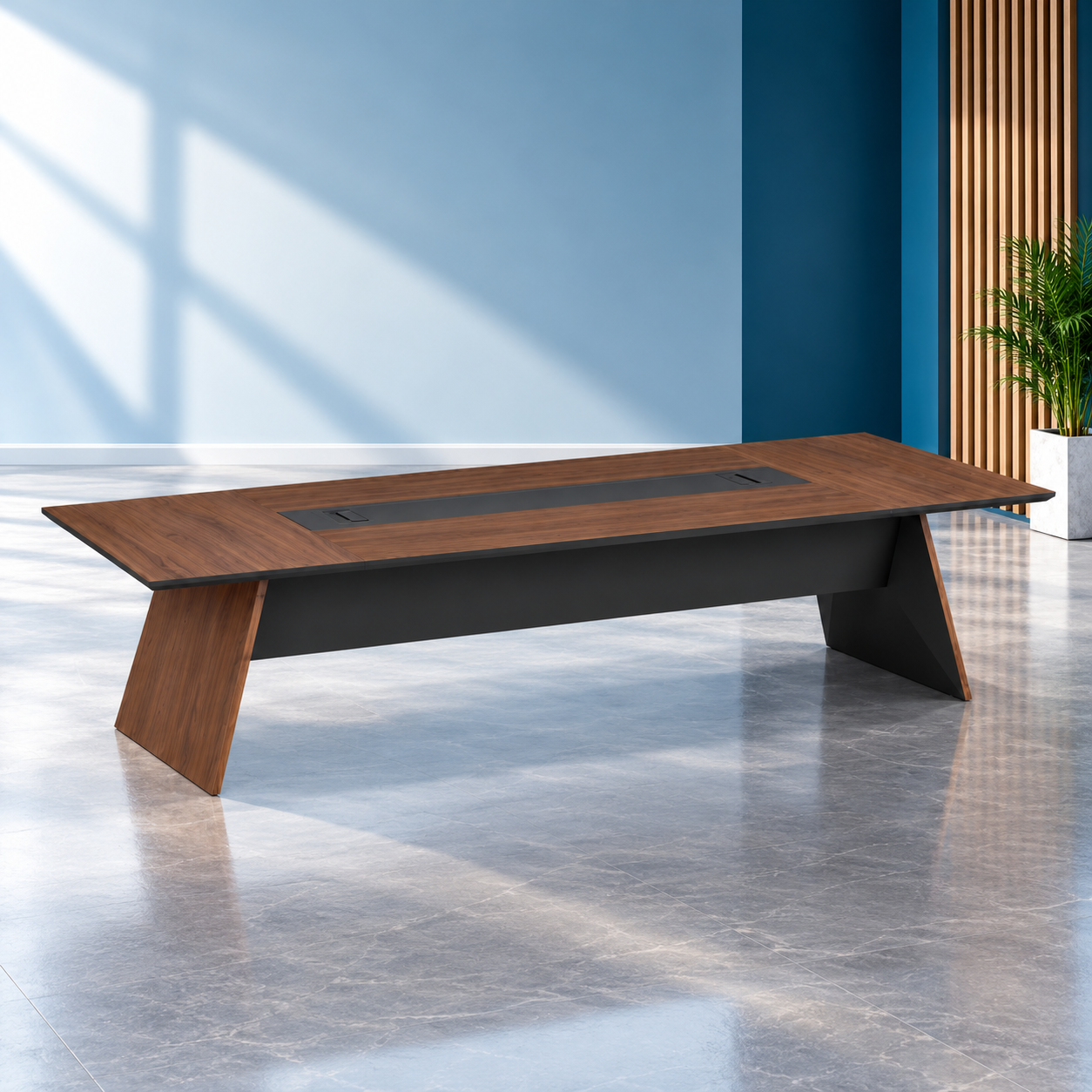 Table de réunion moderne en noyer Table de réunion bois & noir – Élégance contemporaine et connectivité intégrée – Image 1