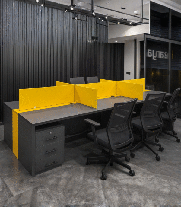 Bench 6 postes "Nearya Focus" – Bureau collaboratif avec cloisons jaunes pour open space dynamique