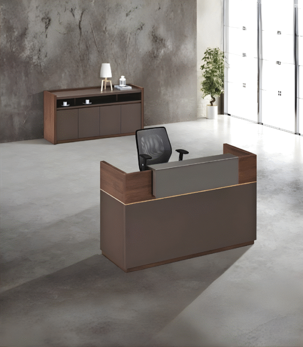 Comptoir d’accueil moderne bois foncé et gris