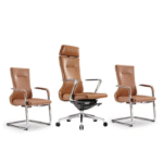 Trio fauteuils bureau cuir camel & chrome – confort & style pro